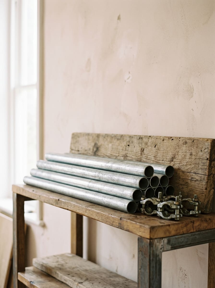 Galvanised scaffold tubes and clamps stacked on a worn timber shelf beside a tall window.
