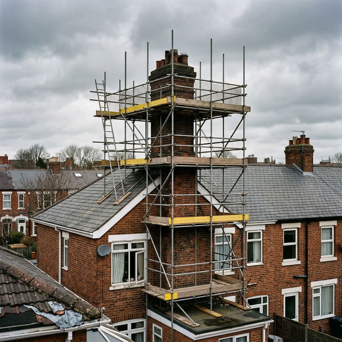 Generated image of a birdcage scaffold built round a brick chimney stack.