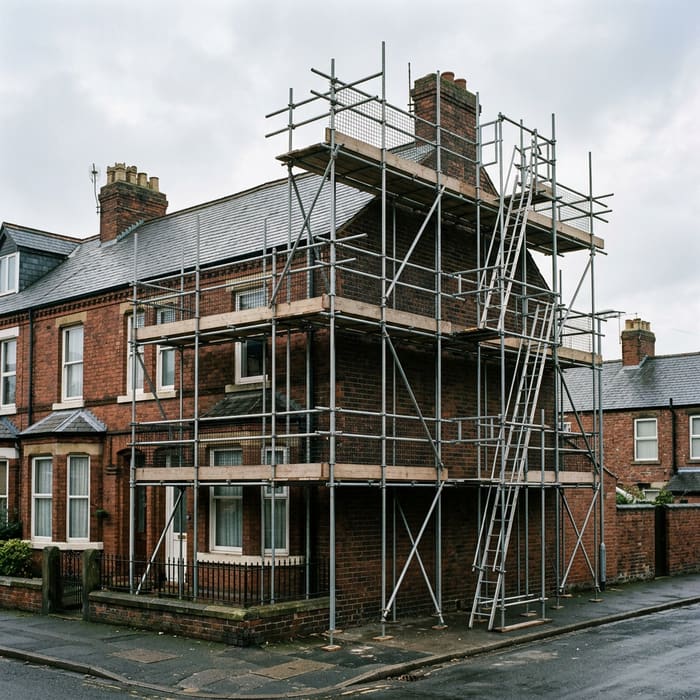 Generated image of a three-lift scaffold against a brick gable end.