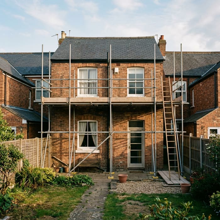 Generated image of a scaffold across the back of a terraced house and garden.