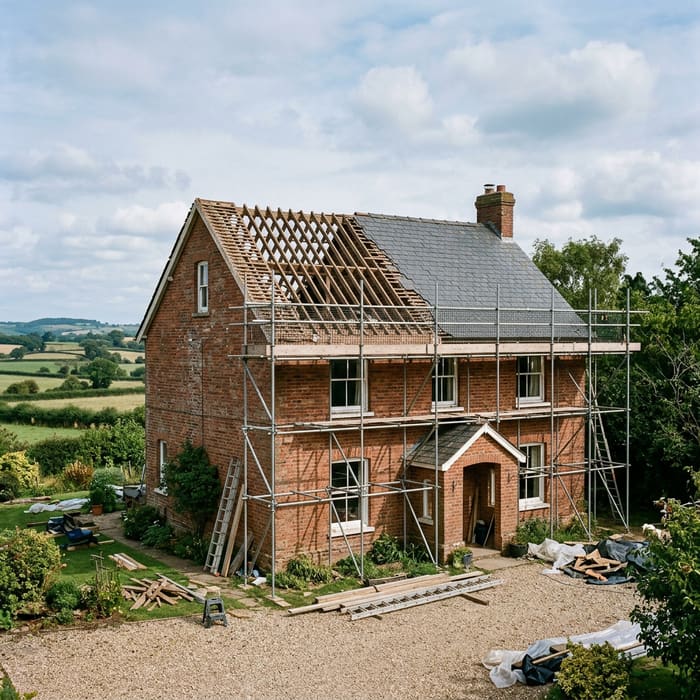 Generated image of a scaffold at the eaves of a farmhouse with an open roof.