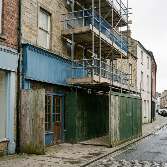 Generated image of a scaffold with a covered pavement gantry above a shopfront.