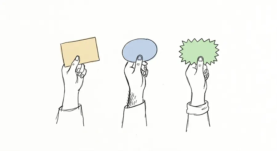 Three raised hands, each holding up a different coloured card.